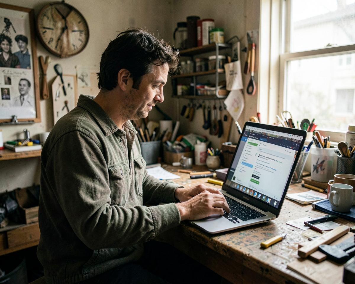 A small-business owner using a web app on a laptop in their workshop