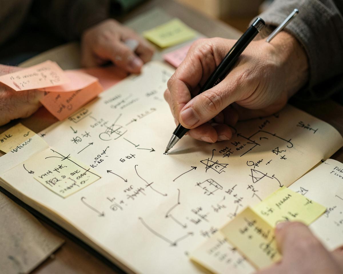 Hands sketching a workflow on paper surrounded by sticky notes