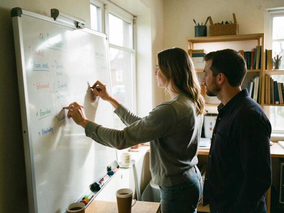 Two people working through an idea at a whiteboard in a small office
